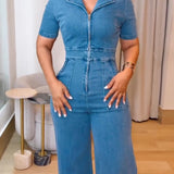 Women's Casual Short Sleeve Loose Straight Leg Denim Jumpsuits with Pockets