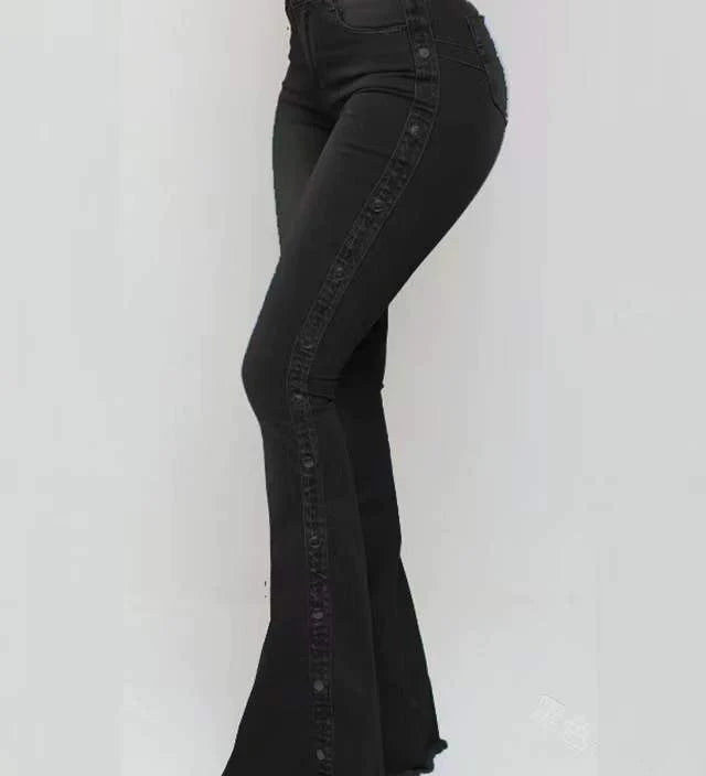Women's Zipper Fly Side Buttons Vintage Mopping Flared Jeans