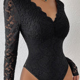 Floral Lace Sheer Long Sleeve Bodysuit V Neck Slim Fit Thong Body Shaper