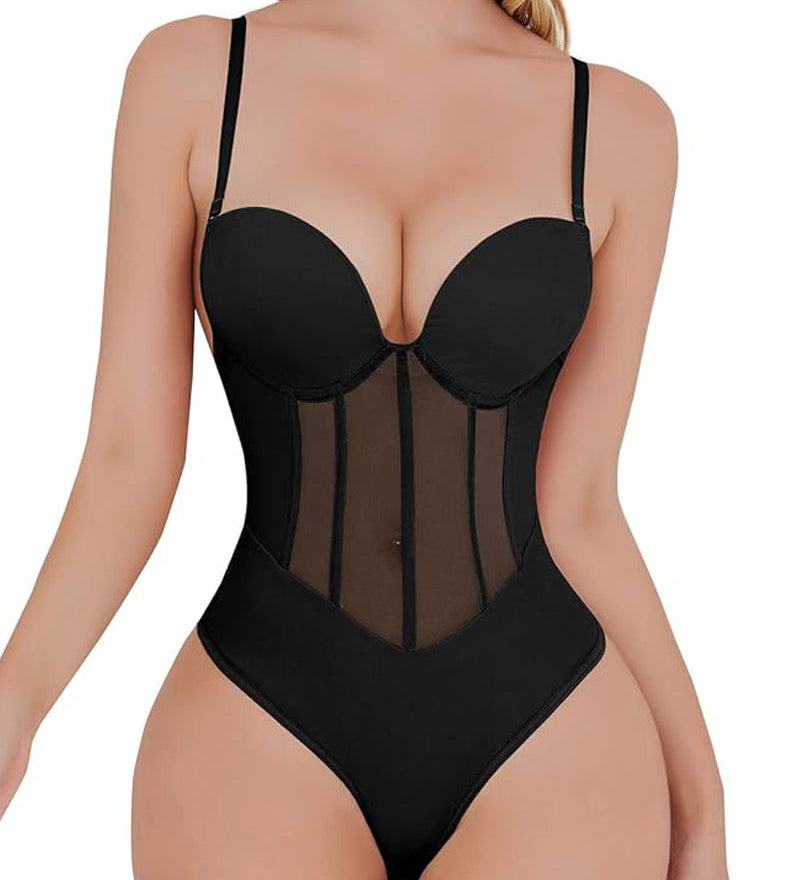 Sexy Mesh Shapewear Corset Backless Thong Bodysuit With Built-in Bra