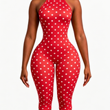 Polka Dot Halter Neck Backless Slim-Fit Stretch Capri Jumpsuit