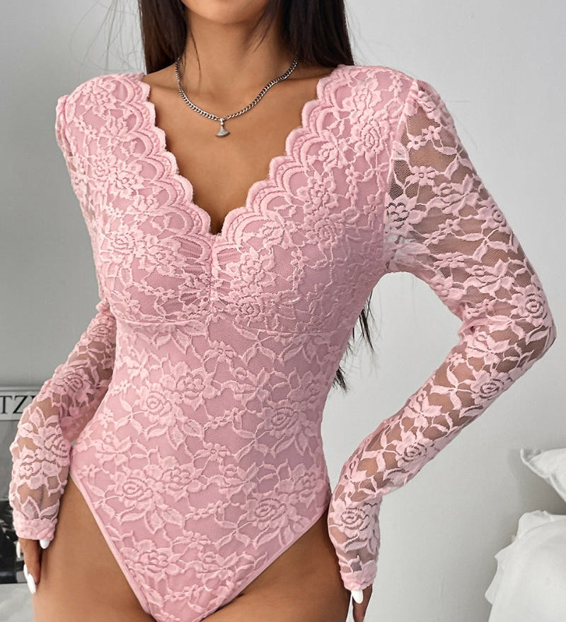 Floral Lace Sheer Long Sleeve Bodysuit V Neck Slim Fit Thong Body Shaper