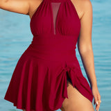 Large Size Halter Neck Mesh Panel Tummy Control Swimsuit with Side Bow