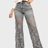 High Waist Floral Lace Hollow Out Spliced Flare Jeans