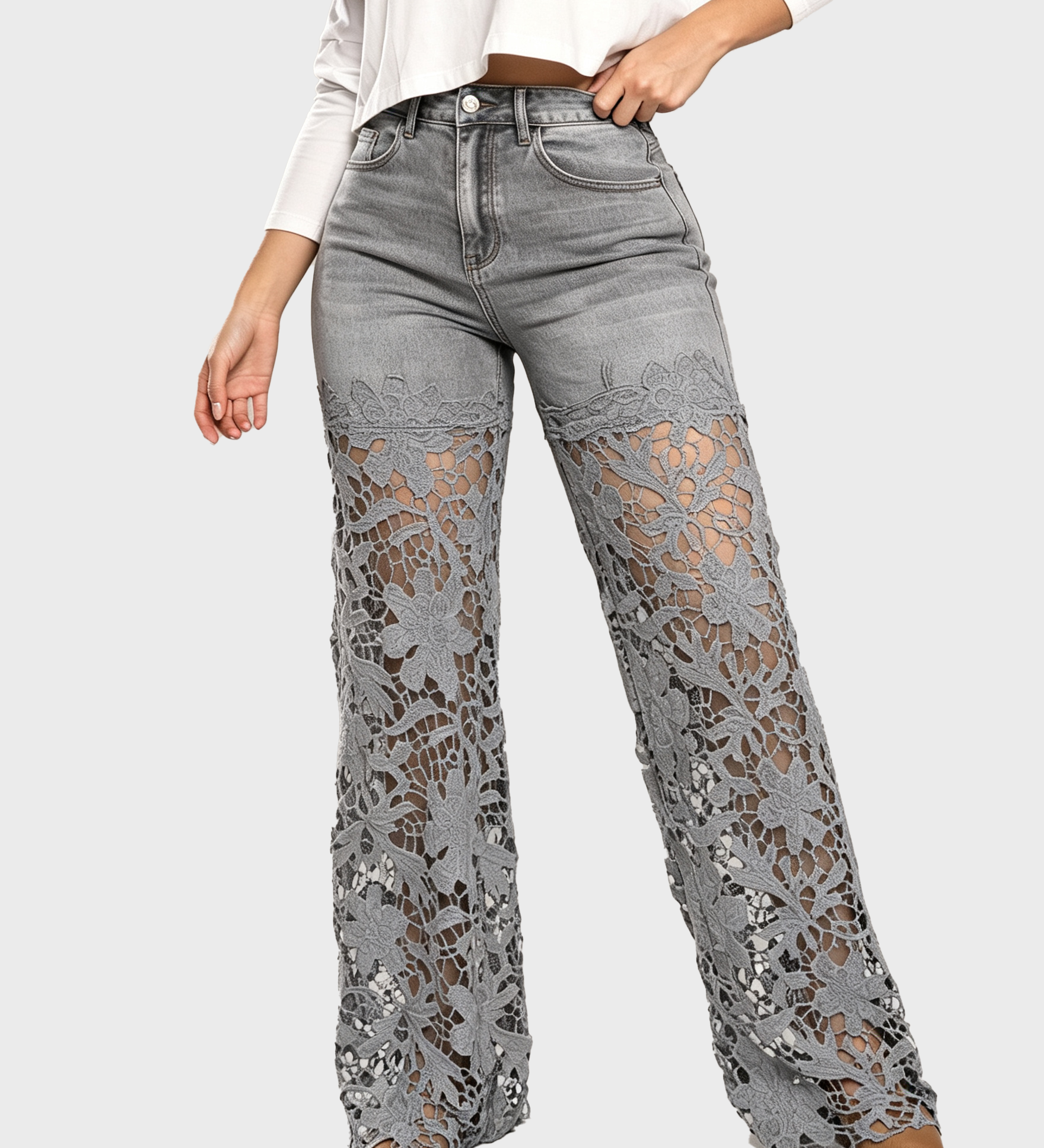 High Waist Floral Lace Hollow Out Spliced Flare Jeans