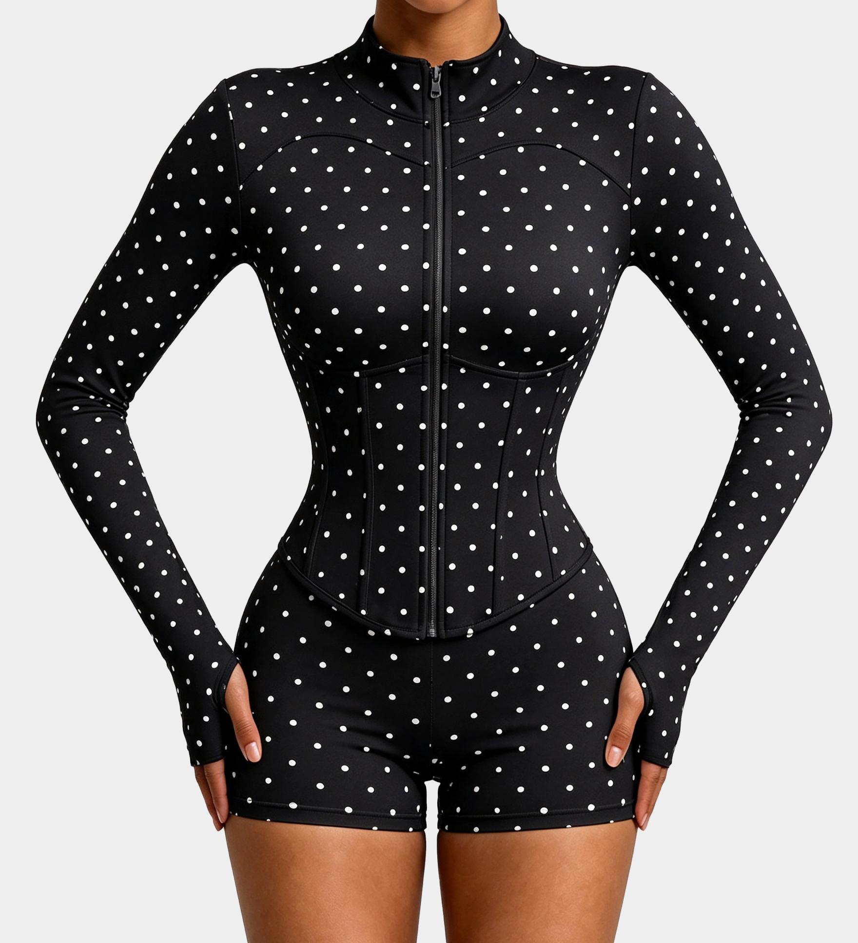 Polka Dot Long Sleeve Workout Zip Corset Yoga Jacket