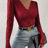 Floral Lace Sheer Long Sleeve Bodysuit V Neck Slim Fit Thong Body Shaper