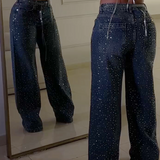 Fashionable Washed Mid Waist Diamond Studded Straight Leg Jeans