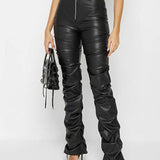 PU Leather Personalized Pleated Flared Pants