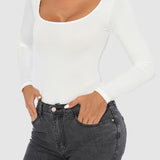 Women's Seamless Square Neck Long Sleeve Bodysuits Sculpting Thong Bottoming Shirt Body Shaper