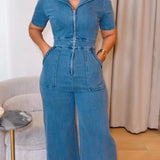 Women's Casual Short Sleeve Loose Straight Leg Denim Jumpsuits with Pockets