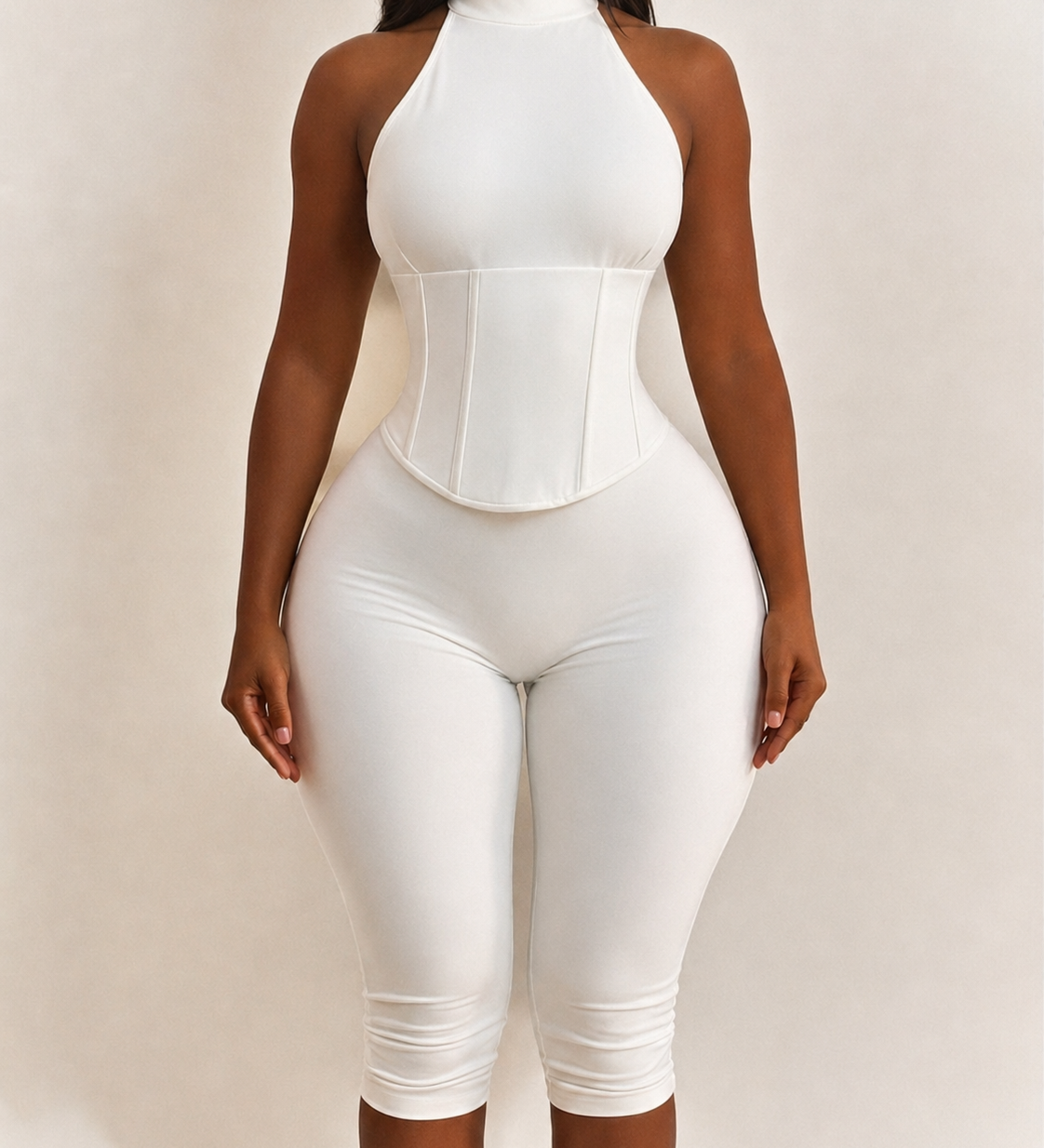 Polka Dot Halter Neck Hourglass Capri Jumpsuit with Detachable Corset Two-Piece Set