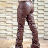 PU Leather Personalized Pleated Flared Pants