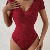 Sexy Deep V Neck Lace Short Sleeve Bodysuit One Piece Slim Fit Body Shaper