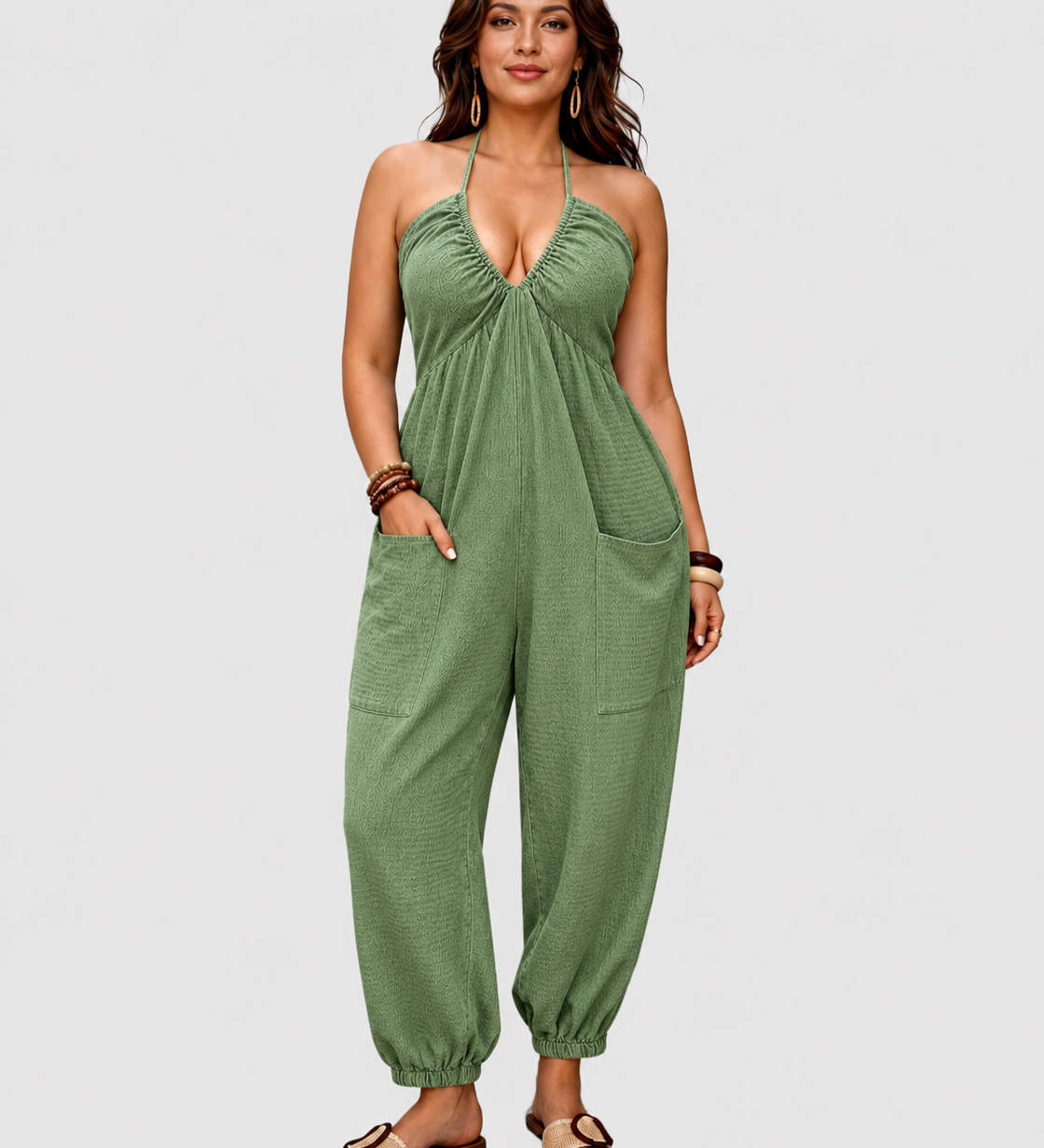 Halter Backless Ruched Pocket Jogger Jumpsuit