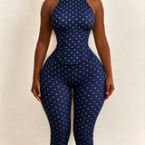 Polka Dot Halter Neck Hourglass Capri Jumpsuit with Detachable Corset Two-Piece Set