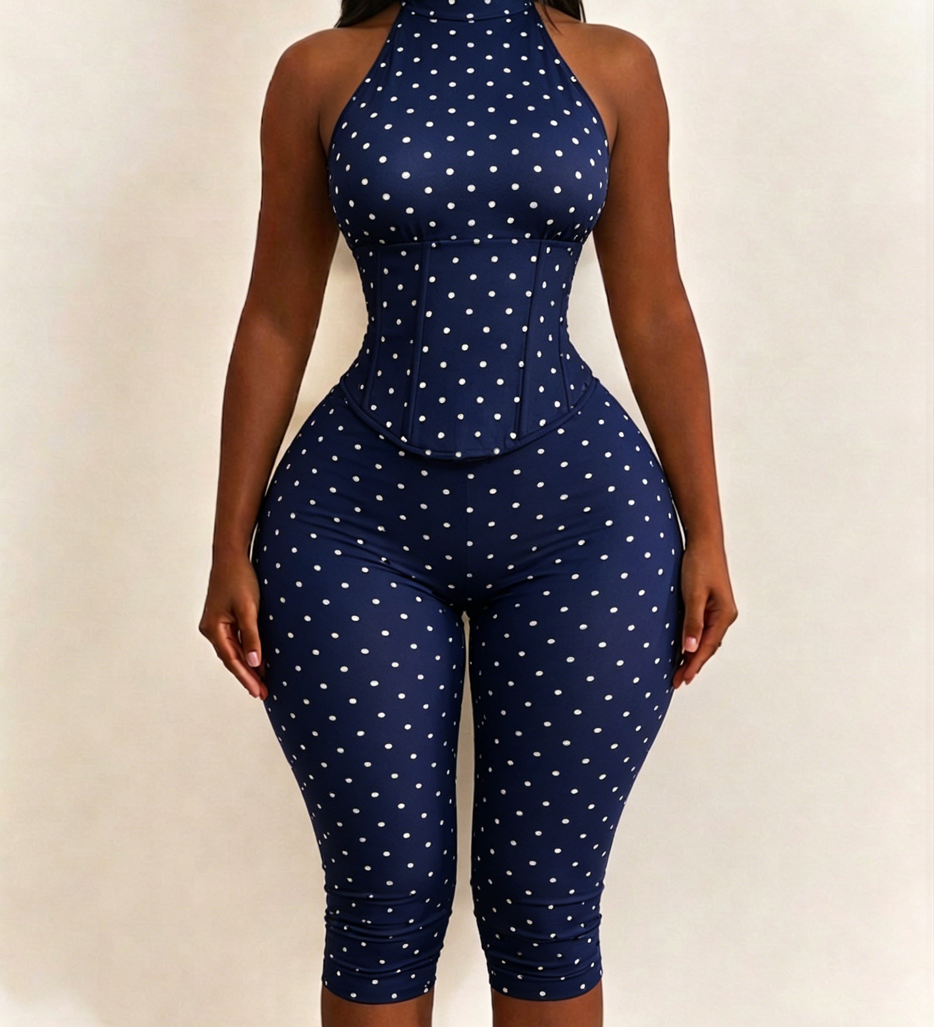 Polka Dot Halter Neck Hourglass Capri Jumpsuit with Detachable Corset Two-Piece Set