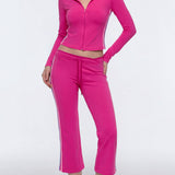 Two Piece Activewear Set Stripe Zip Up Hooded Crop Top with Capri Flare Pants