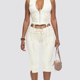 Two Piece Denim Set Zip Front Lace Up Sleeveless Top Capri Pants