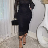 Black Sheer Lace High Neck Long Sleeve Midi Bodycon Dress