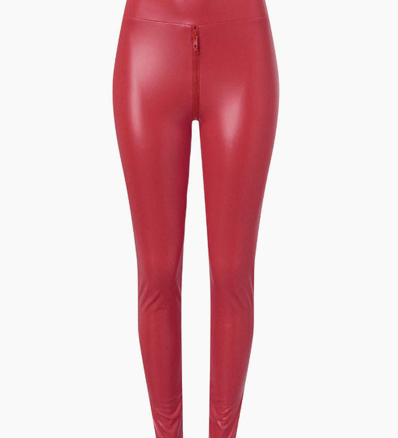 Sexy PU Leather Crotch Zipper Leather Pants for Curvy Women