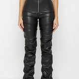 PU Leather Personalized Pleated Flared Pants