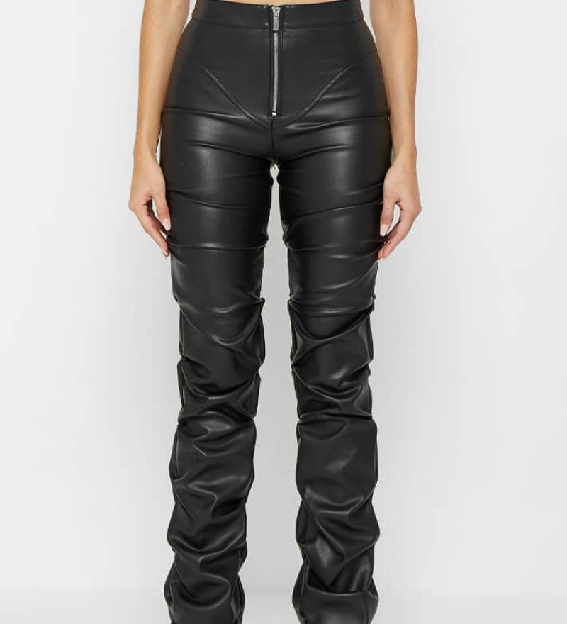 PU Leather Personalized Pleated Flared Pants