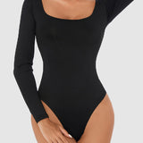 Women's Seamless Square Neck Long Sleeve Bodysuits Sculpting Thong Bottoming Shirt Body Shaper