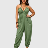 Halter Backless Ruched Pocket Jogger Jumpsuit