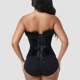 Black Velvet Feather Trim Strapless Corset Top with Lace Up Back