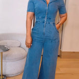 Women's Casual Short Sleeve Loose Straight Leg Denim Jumpsuits with Pockets