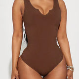 Solid Notched Neck Ribbed Sleeveless One Piece Bodysuit Shapewear