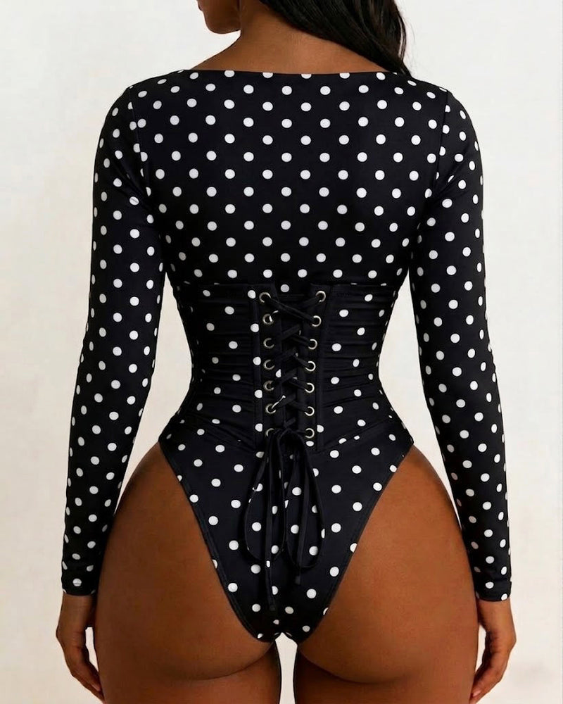 Polka Dot Scoop Neck Long Sleeve Bodysuit Detachable Corset Two Piece Set