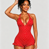 Polka Dot Halter Neck Ruffle Hem Romper Swimsuit