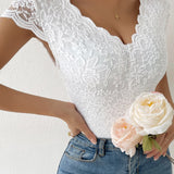 Sexy Deep V Neck Lace Short Sleeve Bodysuit One Piece Slim Fit Body Shaper