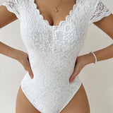 Sexy Deep V Neck Lace Short Sleeve Bodysuit One Piece Slim Fit Body Shaper