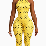 Polka Dot Halter Neck Backless Slim-Fit Stretch Capri Jumpsuit