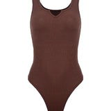 Solid Notched Neck Ribbed Sleeveless One Piece Bodysuit Shapewear