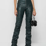 PU Leather Personalized Pleated Flared Pants