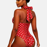 Polka Dot Halter Corset One-Piece Swimsuit