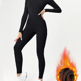 Zip Up Long Sleeve Fleece Skinny Jumpsuit Winter Thermal One-piece Fitness Bodysuit