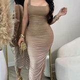 Square Neck Sequin Ruched Asymmetrical Hem Bodycon Dress