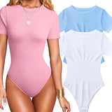 Women Sexy Ribbed Round Neck Short Sleeve Tummy Control Thong Bodysuit