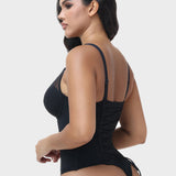 Mesh V Neck Thong Bodysuit Adjustable Straps Lace Up Back Tummy Control Shapewear