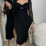 Glamorous Mesh Sleeves Cut out Ruched Bodycon Midi Dress
