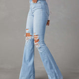 High Waist Ripped Jeans Women Street Style Flared Pants