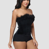 Black Velvet Feather Trim Strapless Corset Top with Lace Up Back