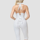 Hourglass Figure Body Shaper Waist Cincher Polka Dot Capri Jumpsuit Two-Piece Set