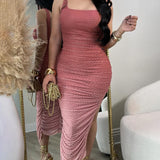 Square Neck Sequin Ruched Asymmetrical Hem Bodycon Dress