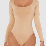 Women's Seamless Square Neck Long Sleeve Bodysuits Sculpting Thong Bottoming Shirt Body Shaper